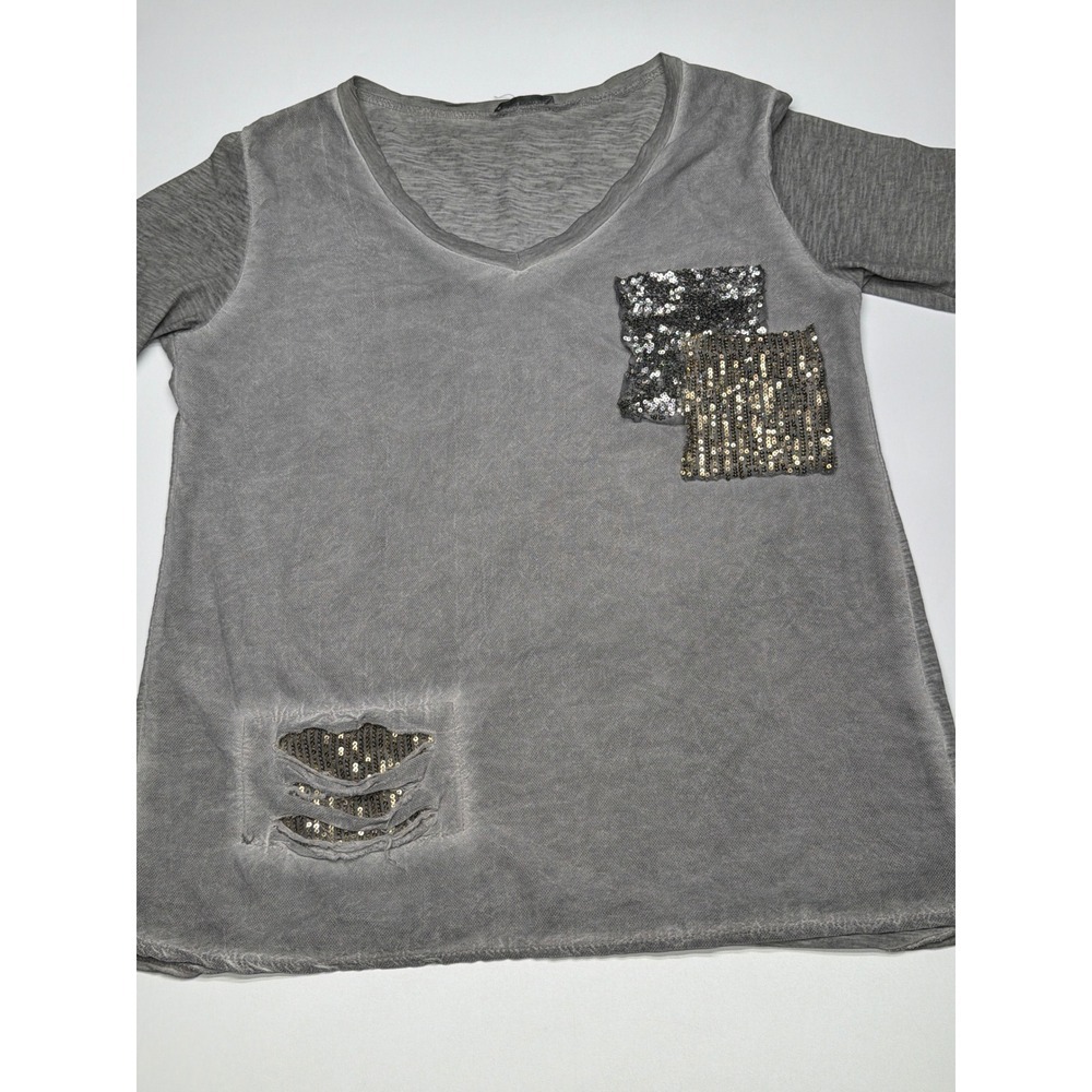 Made In Italy Gray Distressed Sequin Embellished Long Sleeve Top Womens‎ Medium